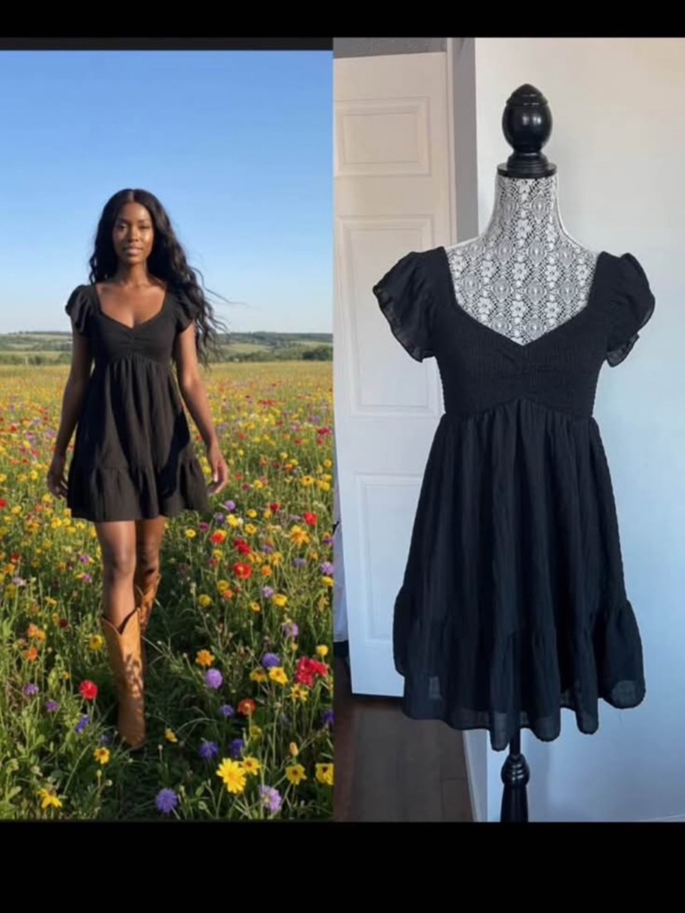 Large Empire Waist Babydoll Smocked Bodice A-Line Crinkle Dress. Black.